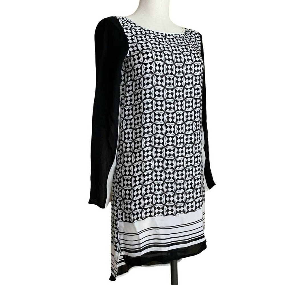 Rebecca Minkoff LEAH Dress BLACK WHITE Chiffon Silk Long Sleeve semi sheer Sz 0